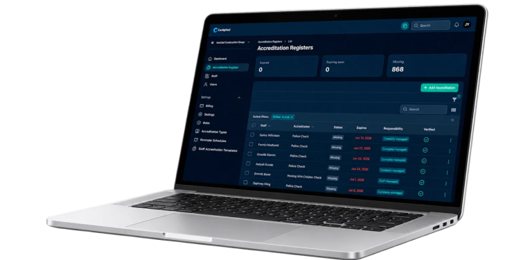 Certiplied staff accreditation register shown on a laptop
